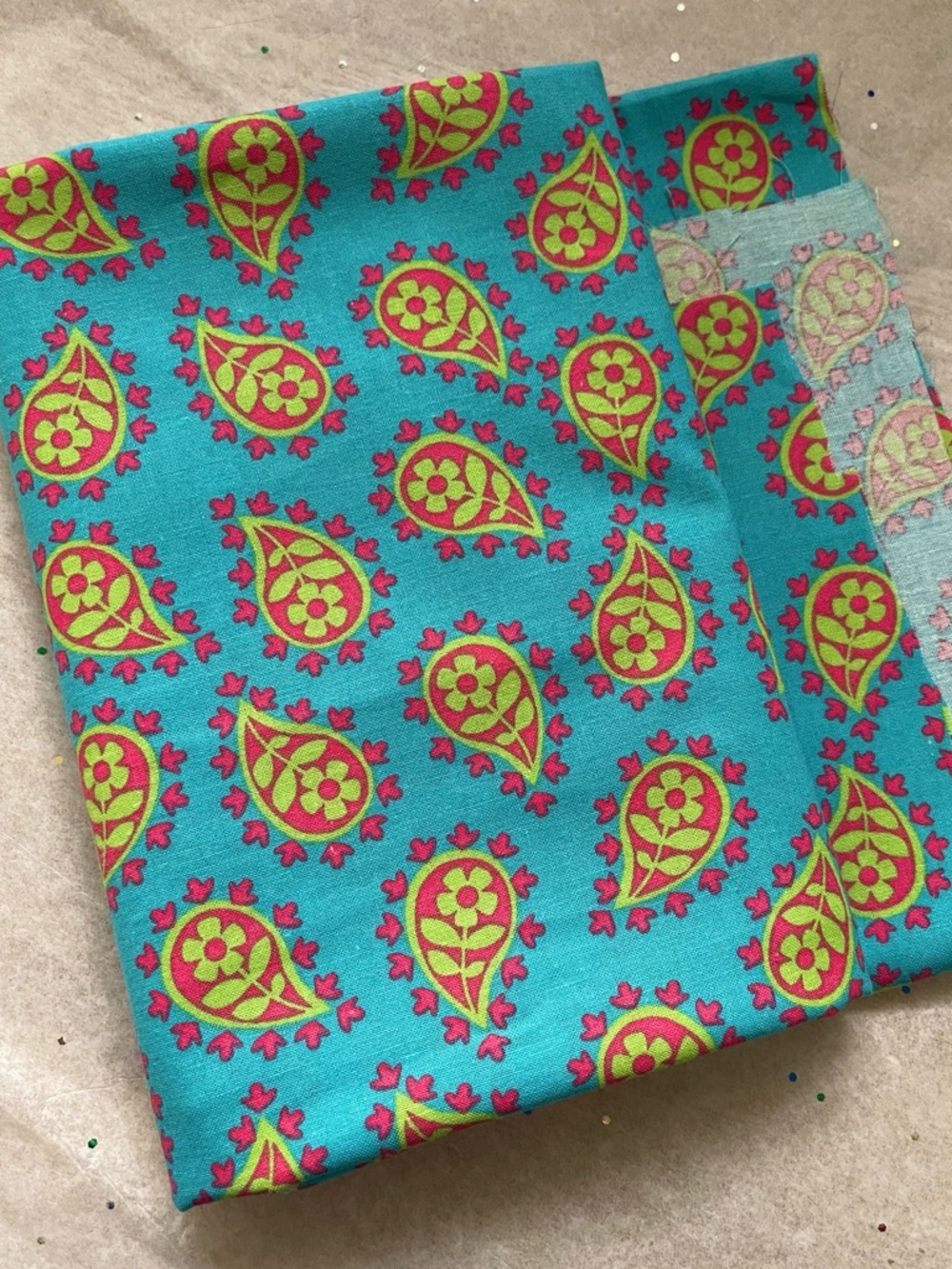 ✨$10 OFF $40✨ Pink Paisley Flower Cotton Fabric Remnant Teal Green Floral Print